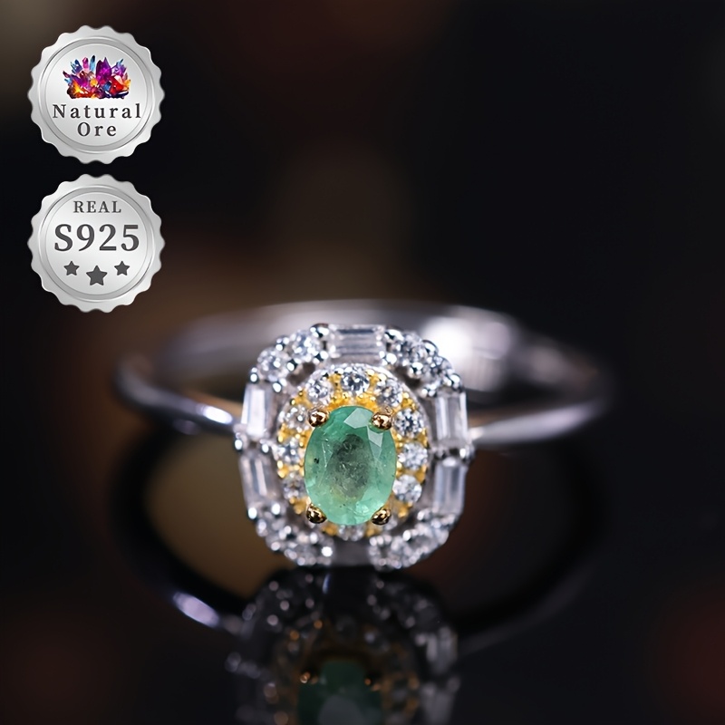 Women's Adjustable 925 Silver Ring with Green Natural Gemstones